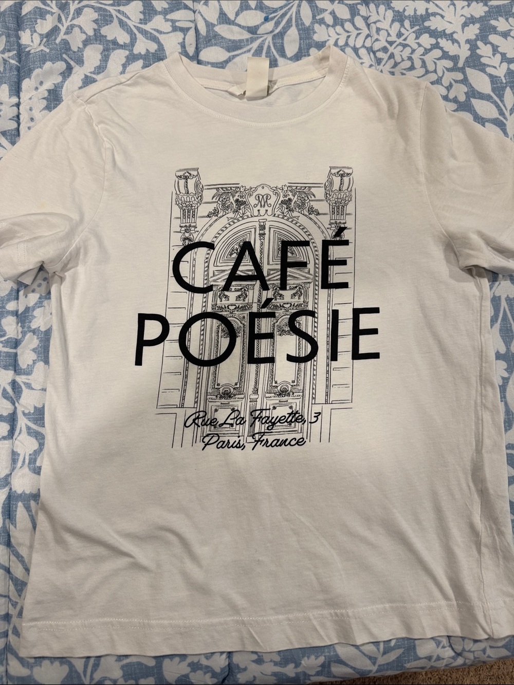 H&M White 'Café Poésie' Graphic Short Sleeve Tee Womens XS